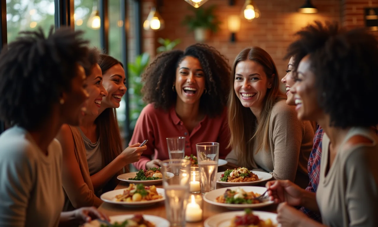 Mulheres reunidas, compartilhando apoio e amizade em um restaurante aconchegante.