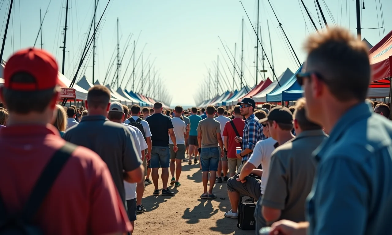 Multidão em evento de pesca com competições e vendedores.