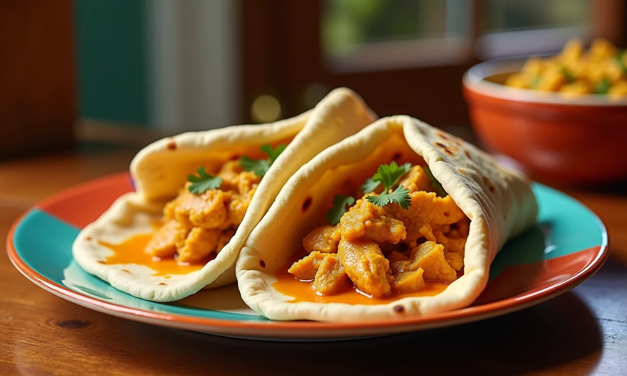 Naan com frango desfiado e curry.