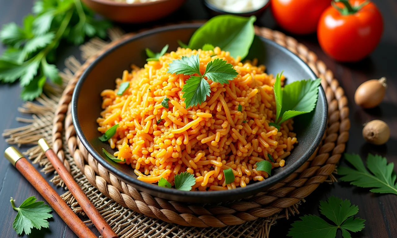 Nasi goreng fumegante com especiarias e ervas frescas.