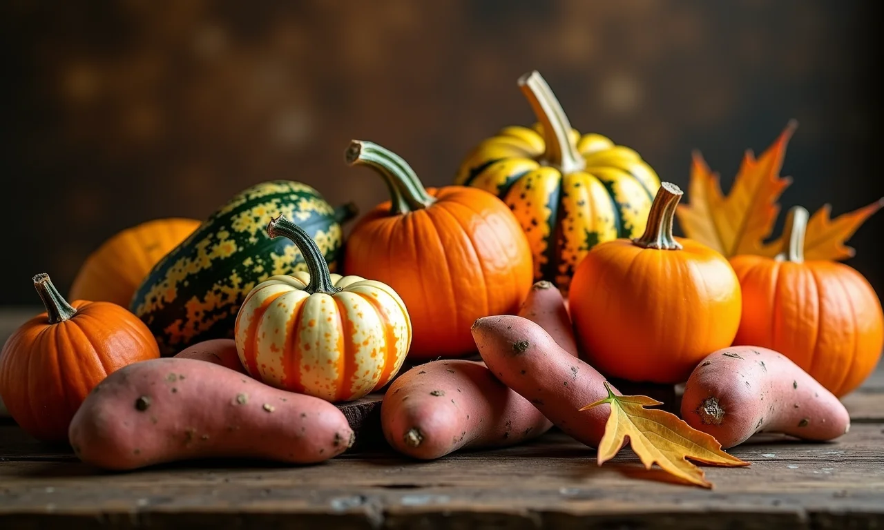 Natureza morta com vegetais de outono em mesa de madeira.