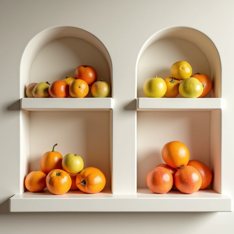 Nichos e prateleiras como expositores de frutas.