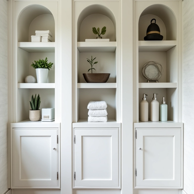 Nichos e prateleiras organizando e decorando um banheiro.