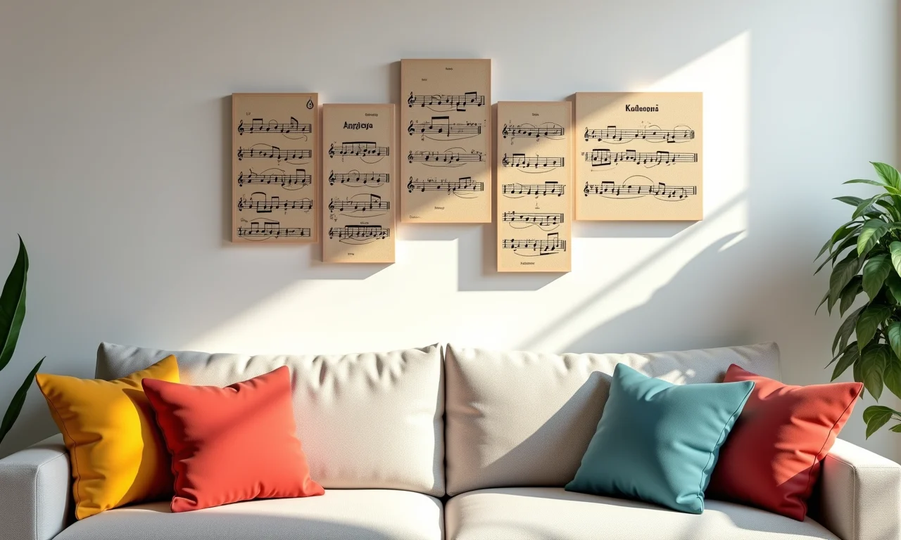 Notas musicais decorando parede de sala.