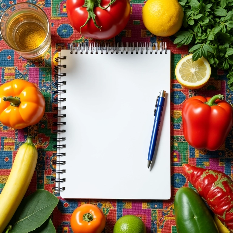Notebook, caneta, água, frutas e vegetais dispostos em um tecido brasileiro vibrante.