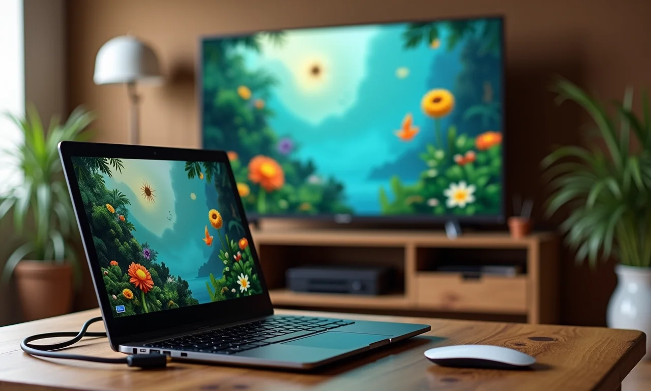 Notebook conectado à TV como adaptador Wi-Fi.