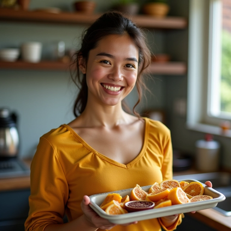 Nutricionista apresentando frutas desidratadas.