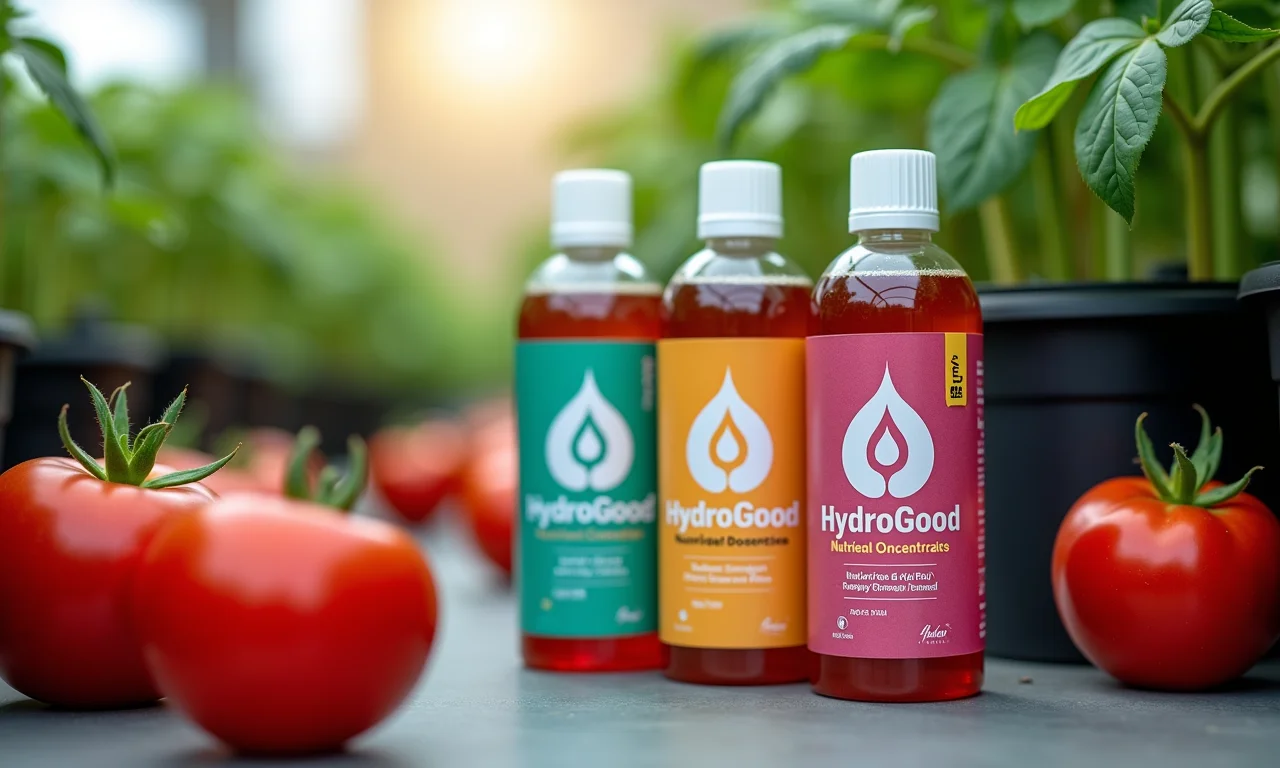 Nutrientes concentrados HydroGood para hidroponia de tomates.