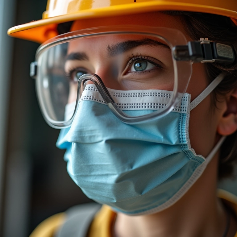 Óculos de proteção e máscara próximos ao coletor de pó caseiro.