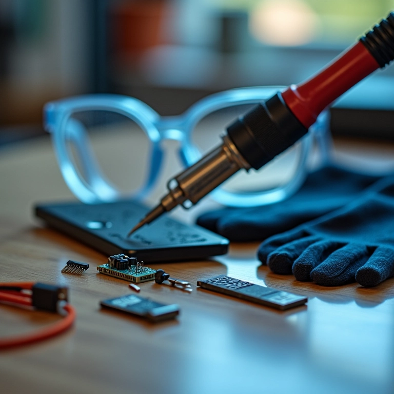 Óculos e luvas de proteção ao lado de ferramentas para USB.