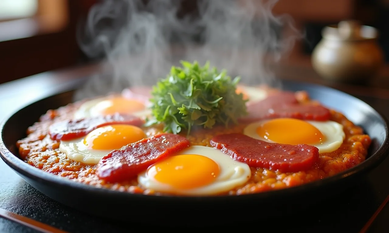 Okonomiyaki apetitoso com ingredientes frescos e cores vibrantes.