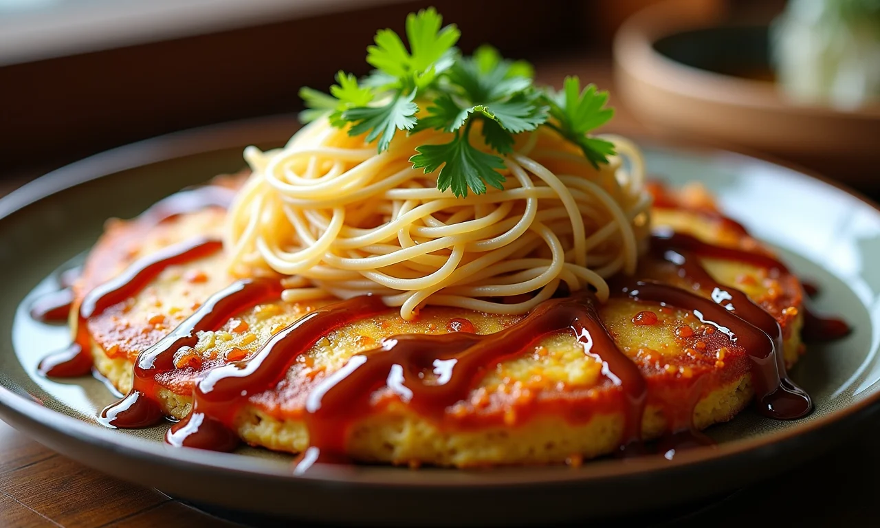 Okonomiyaki de Hiroshima com camadas de ingredientes e macarrão.