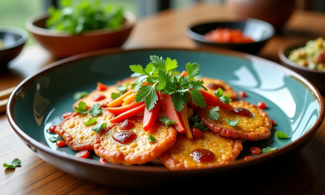 Okonomiyaki vegano com tofu e vegetais frescos.