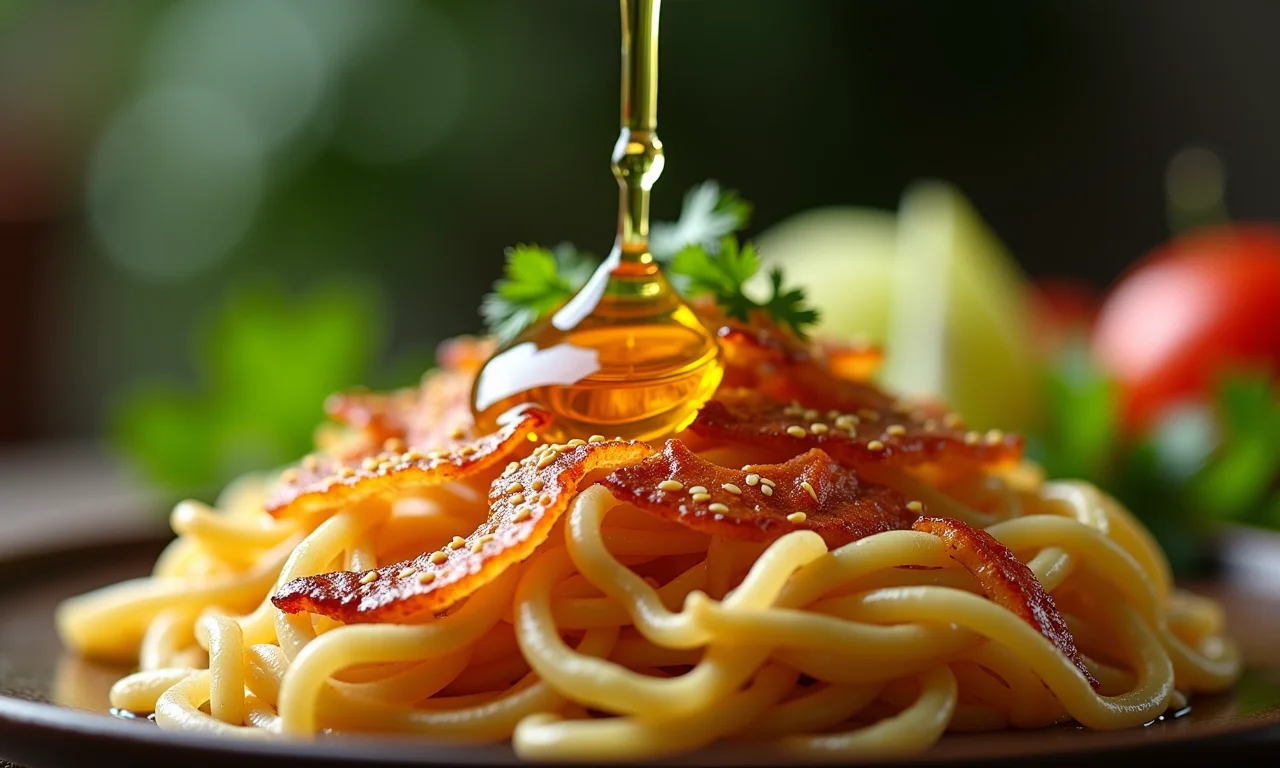 Óleo de gergelim torrado sendo adicionado ao nasi goreng.