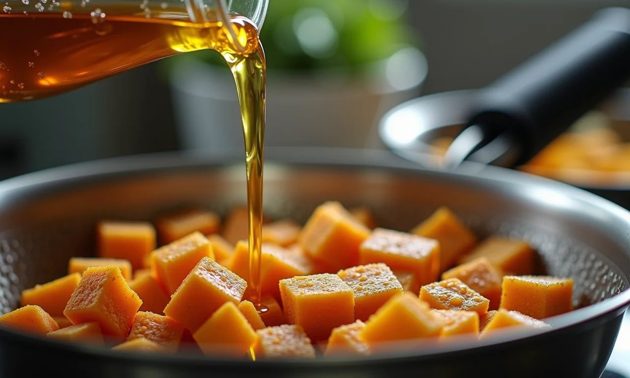 Óleo vegetal sendo despejado em fritadeira para tempura.