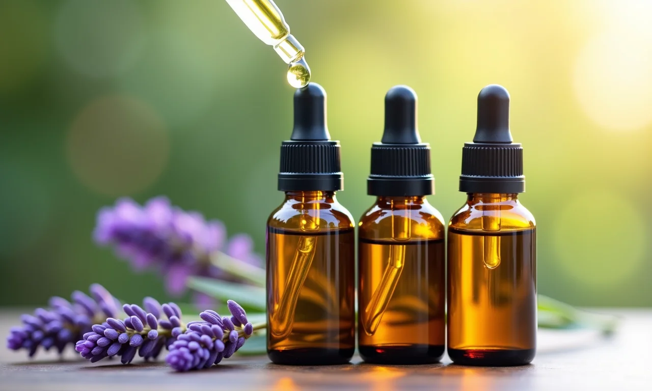 Óleos essenciais: lavanda, camomila e melaleuca com conta-gotas.