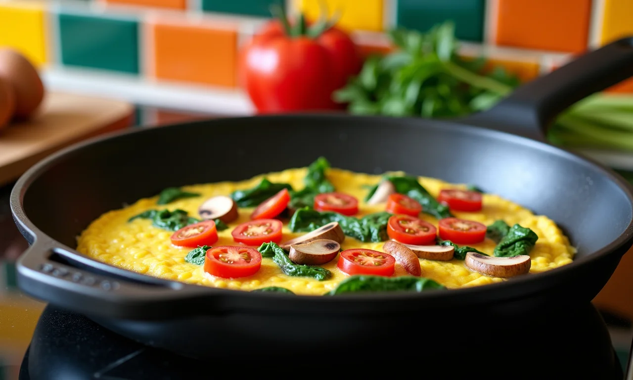 Omelete com legumes frescos em uma frigideira.