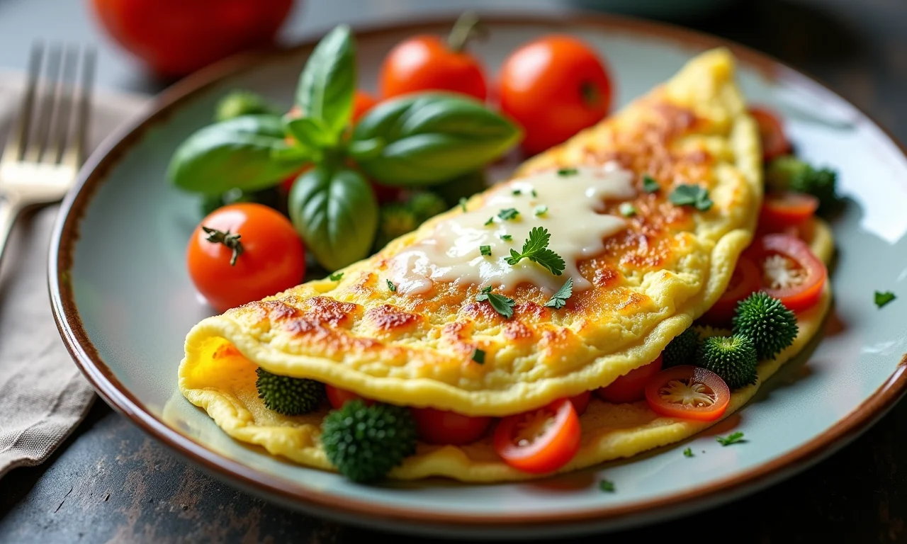 Omelete turbinado com legumes e queijo em um prato.