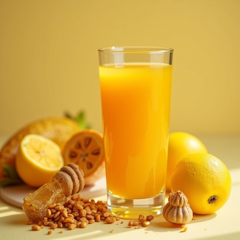 Opções de adoçantes naturais ao lado de um copo de suco de cajarana.