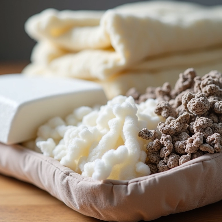 Opções de enchimento para caminha de cachorro: espuma de memória, algodão e materiais reciclados.