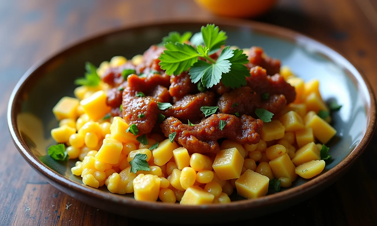 Opções veganas para feijão tropeiro: tofu mexido, bacon de cogumelo.