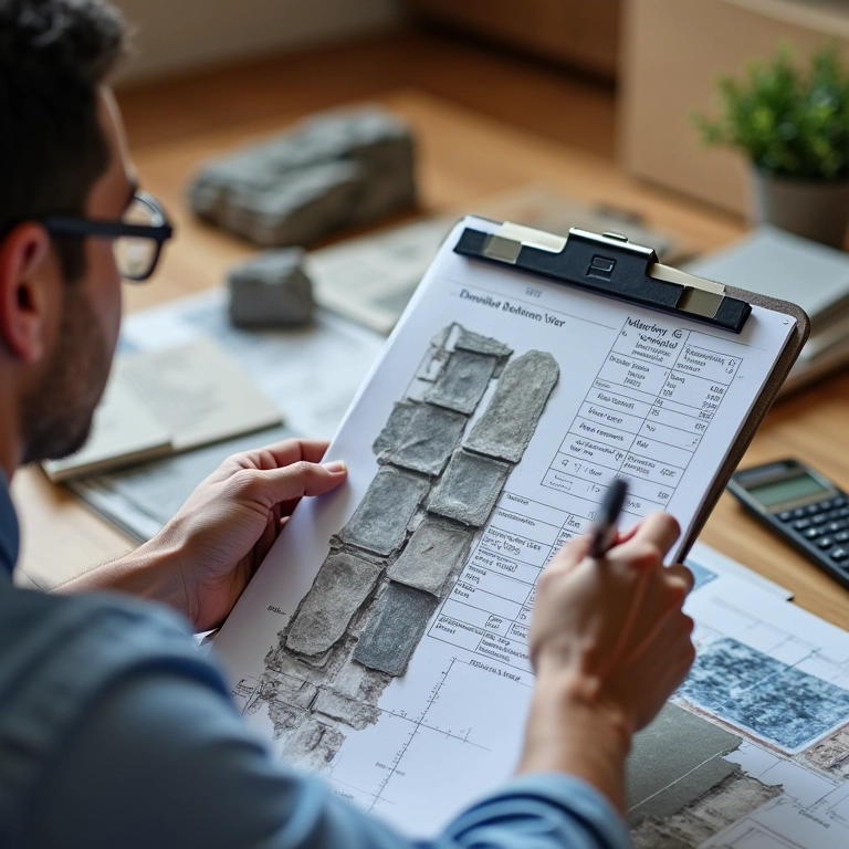 Orçamento para construção de parede de pedra, com arquiteto revisando custos em tablet.