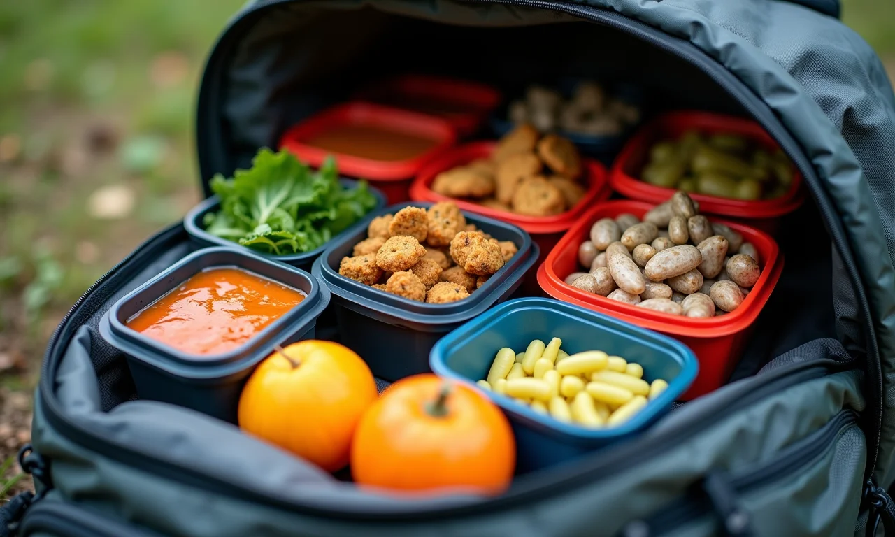 Organização de alimentos em embalagens compactas para acampamento.