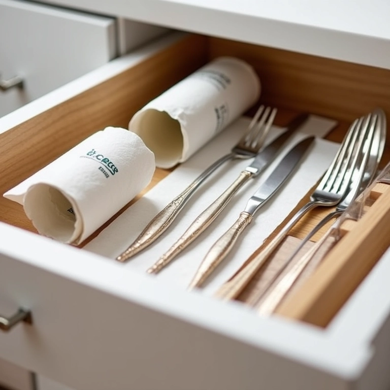 Organizador de talheres com rolos de papel toalha.