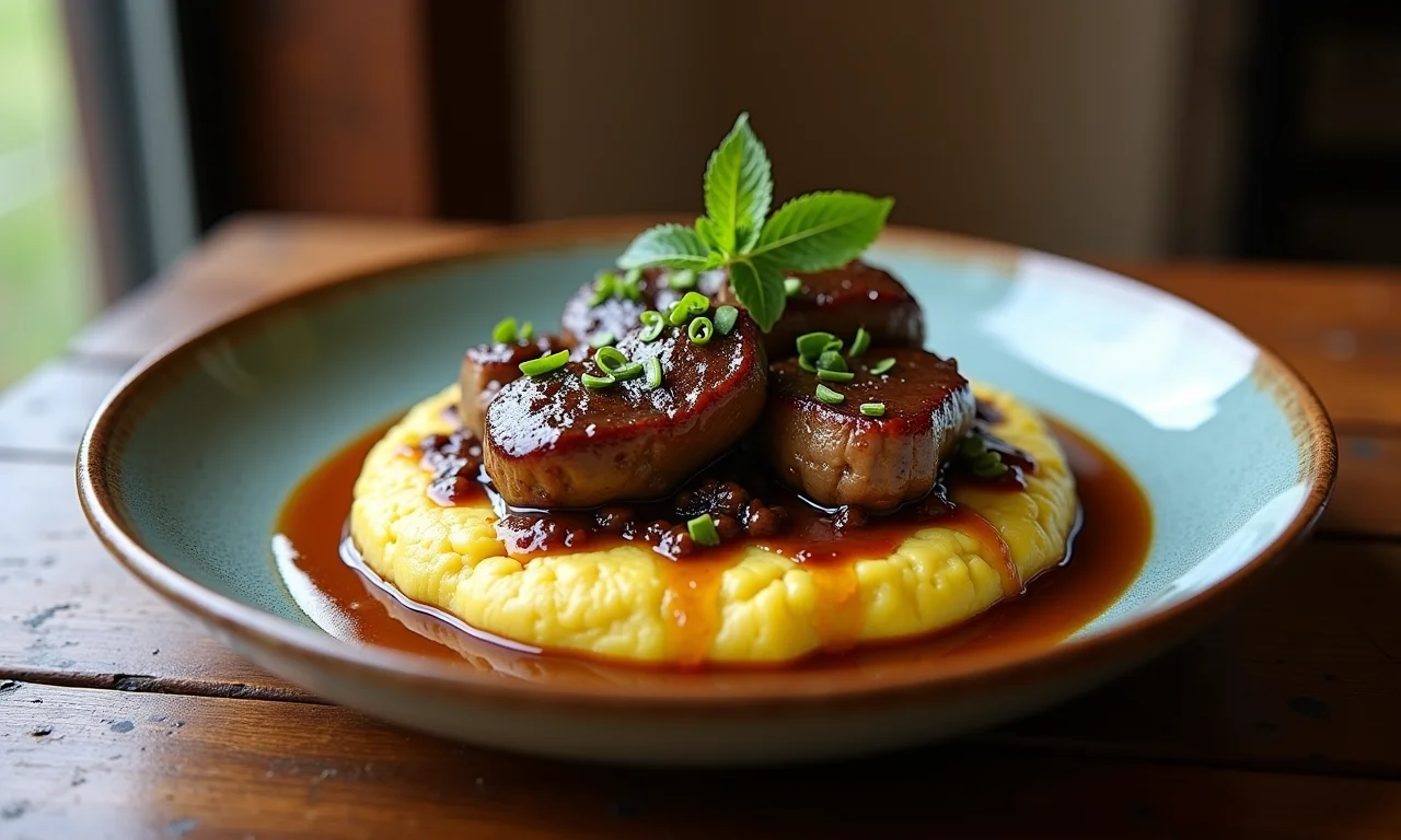 Ossobuco com polenta cremosa em mesa rústica.