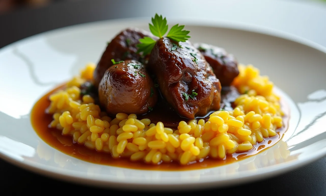Ossobuco com risoto de açafrão em prato moderno.