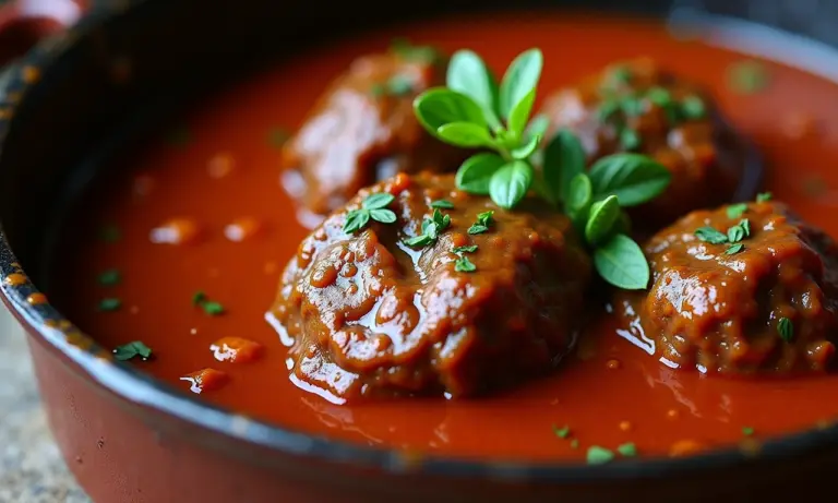 Ossobuco suculento cozinhando em panela de ferro com molho rico.