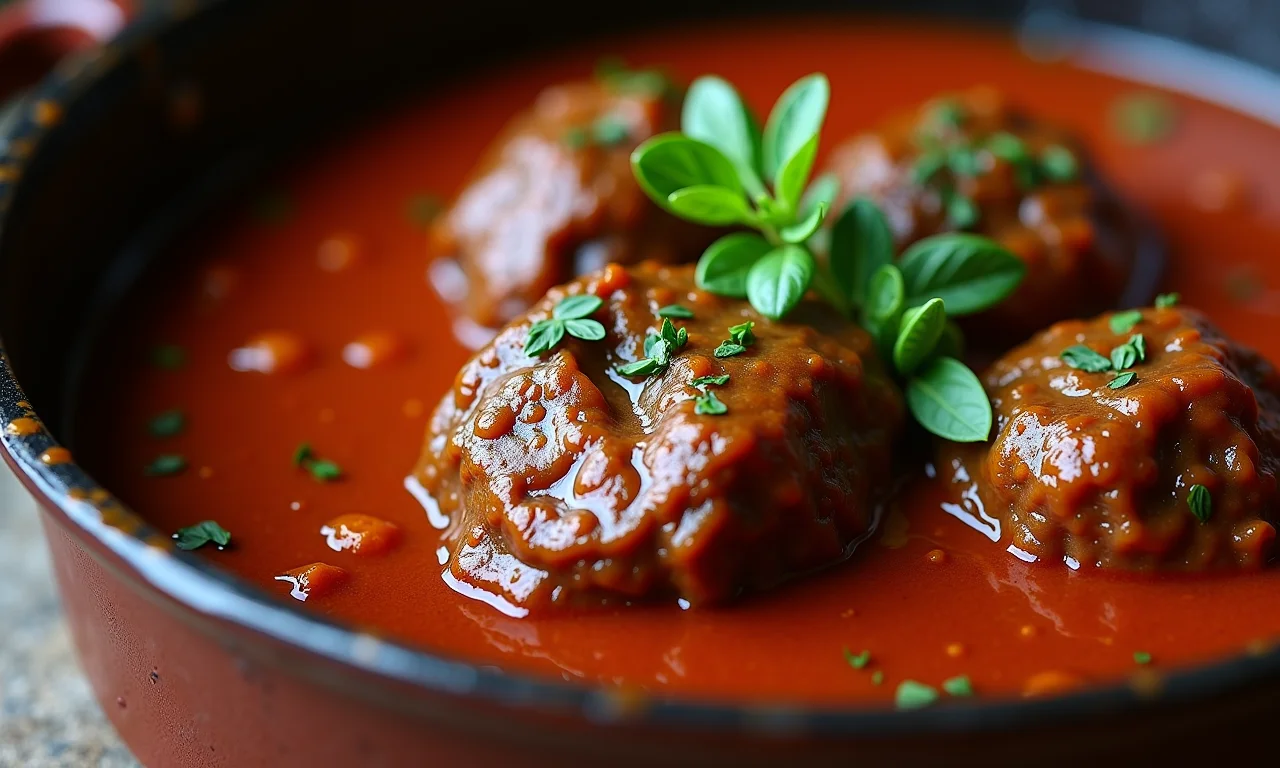 Ossobuco suculento cozinhando em panela de ferro com molho rico.