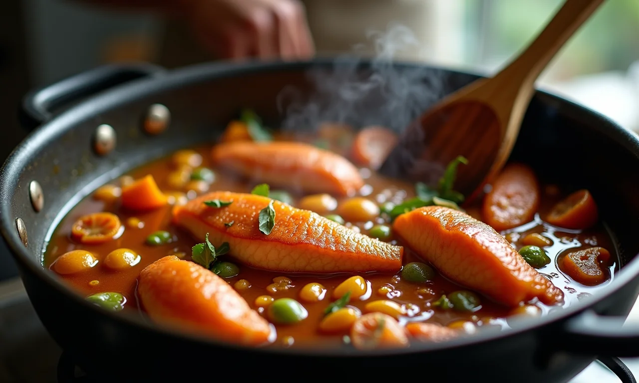 Ossos de peixe e legumes dourando na panela, liberando aromas intensos.