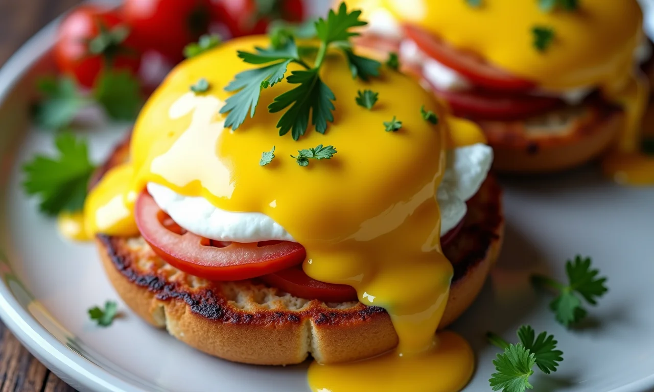 Ovos benedict com molho holandês perfeito e salsa fresca.