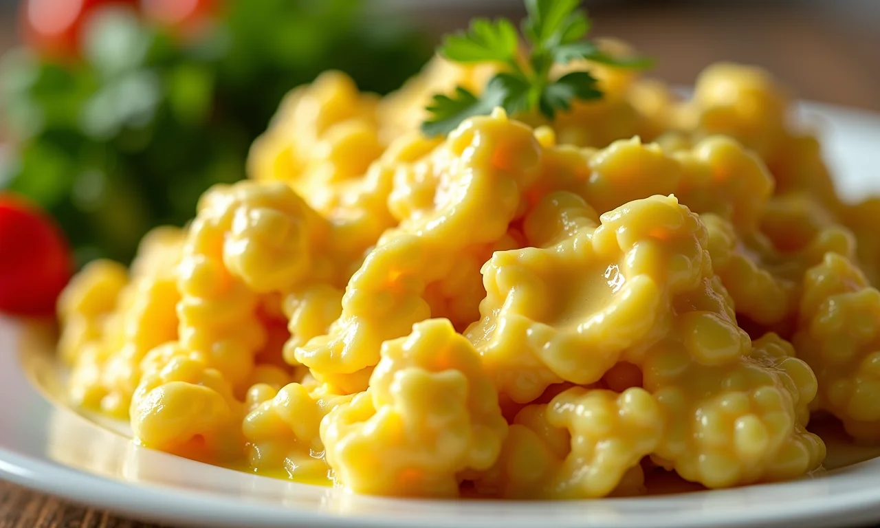 Ovos mexidos cremosos com vegetais frescos, um café da manhã nutritivo e colorido.