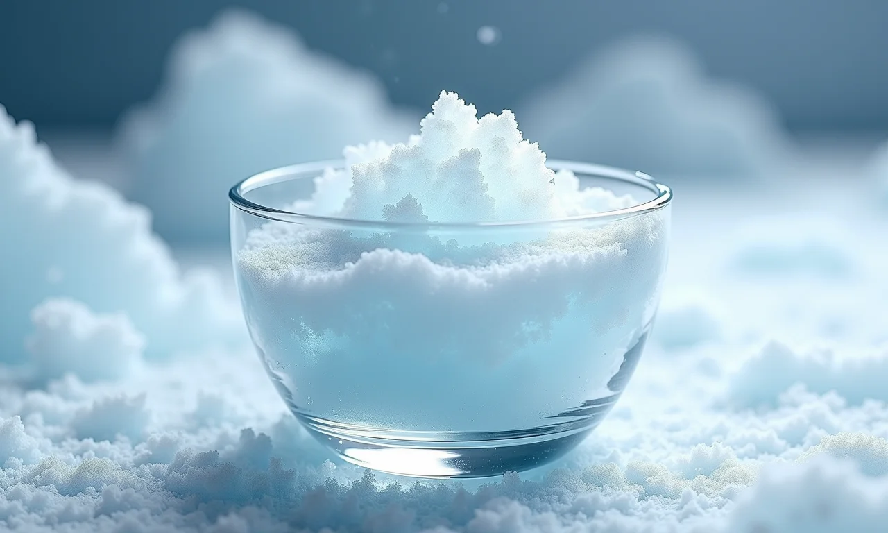 Ovos nevados congelados em recipiente de vidro.