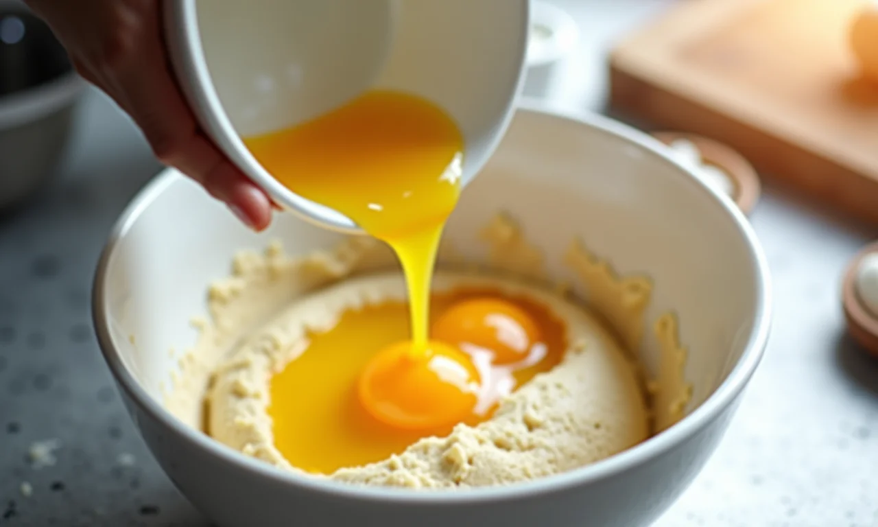 Ovos sendo adicionados à massa para éclair.