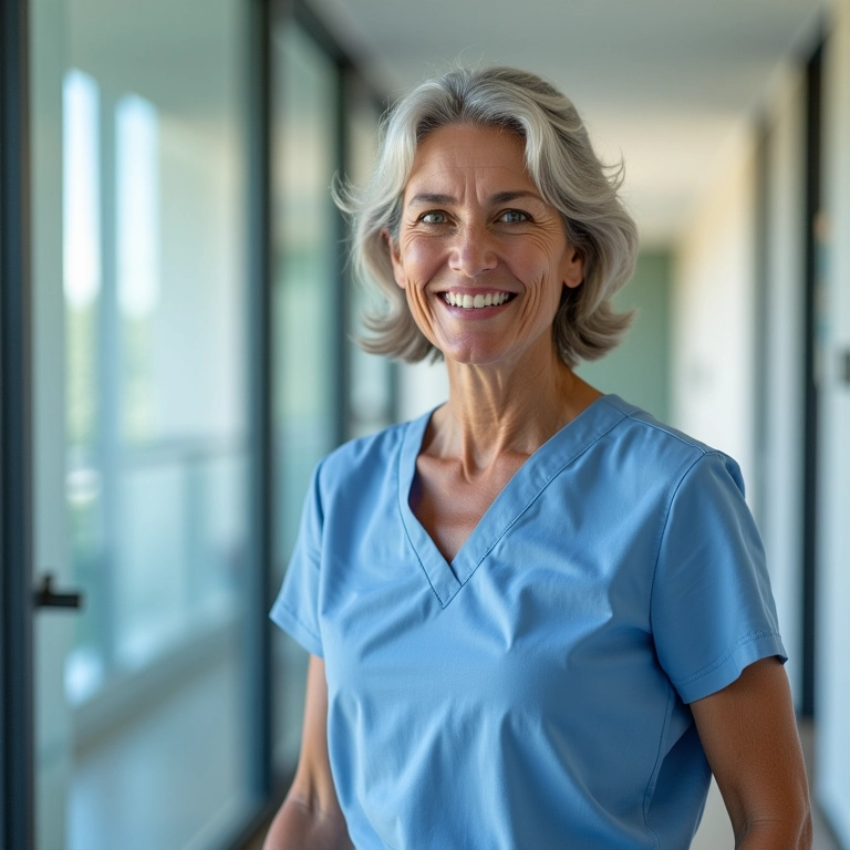 Paciente chegando relaxada para colonoscopia na clínica.