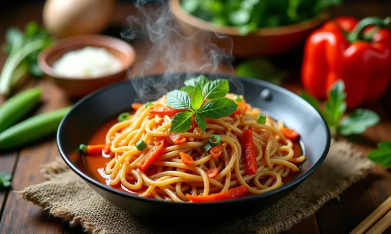 Pad Thai apetitoso em uma mesa rústica, com ingredientes tailandeses frescos ao redor.