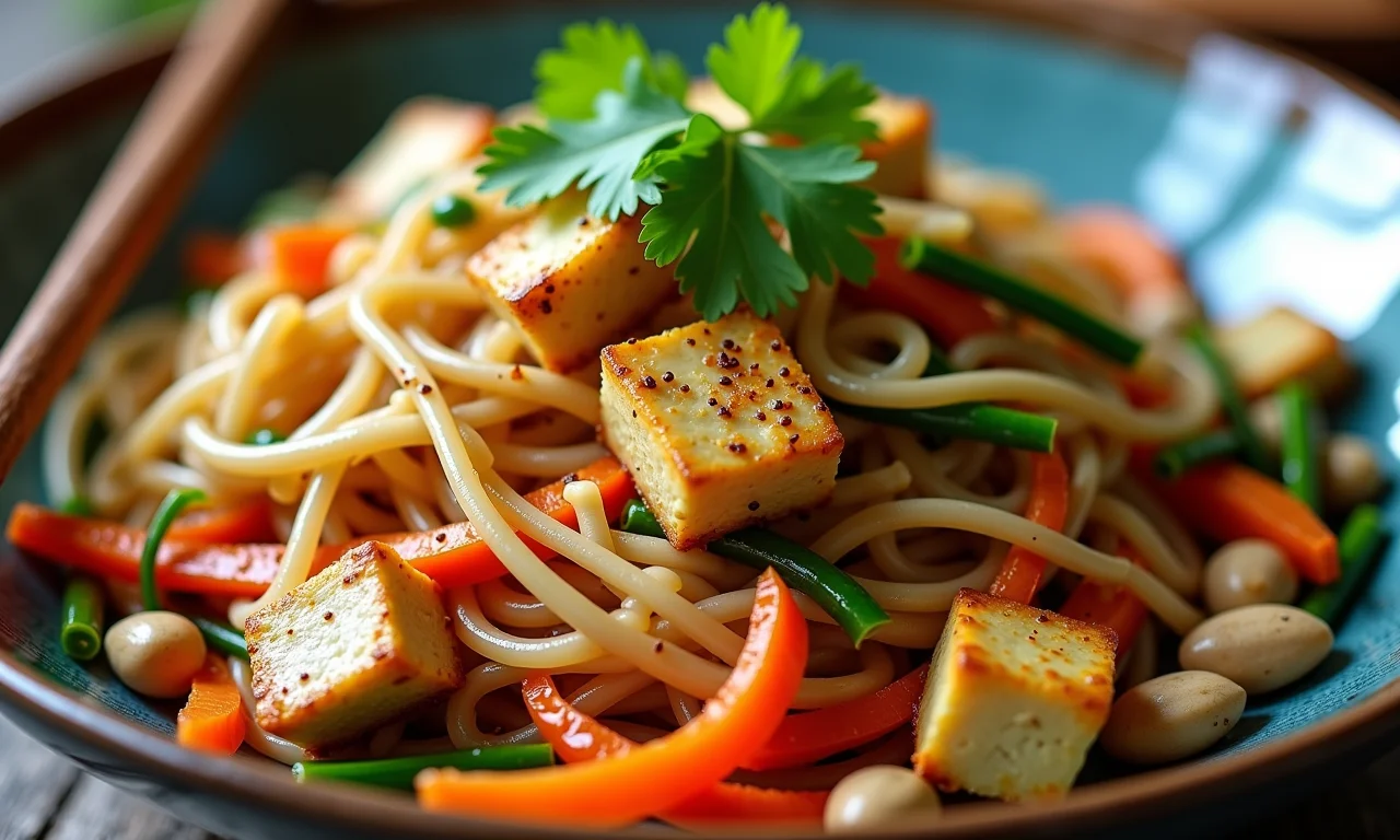 Pad Thai vegano com legumes coloridos, tofu e amendoins, decorado com coentro fresco.