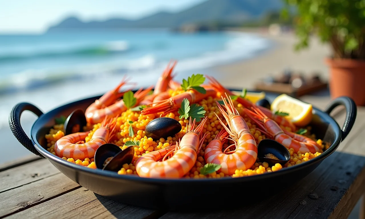 Paella marinera exibida à beira-mar com frutos do mar frescos.