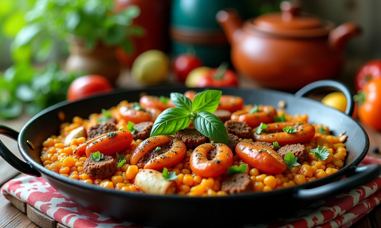 Paella mista com carne e frutos do mar em cozinha brasileira.