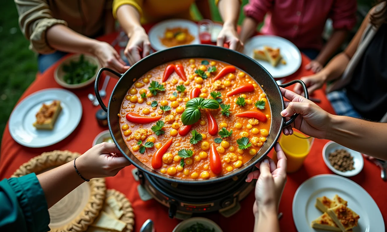 Paella servida em festa brasileira, com pessoas diversas ao redor.