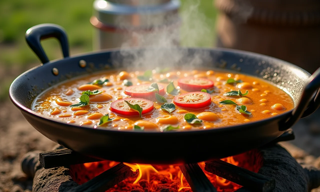 Paella valenciana cozinhando em panela grande sobre fogo à lenha.