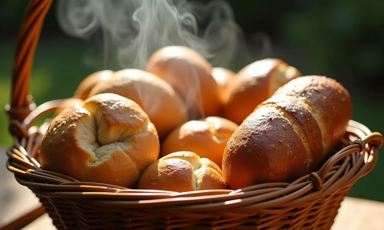 Pães fresquinhos em cesta de vime, com aroma convidativo.