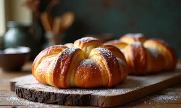 Pain au chocolat fresco em uma tábua de madeira, com cozinha vibrante ao fundo.