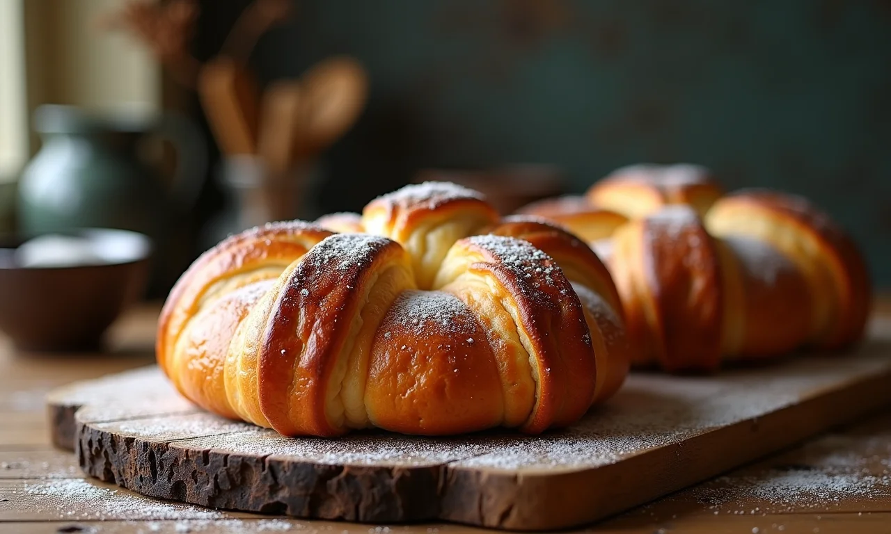 Pain au chocolat fresco em uma tábua de madeira, com cozinha vibrante ao fundo.
