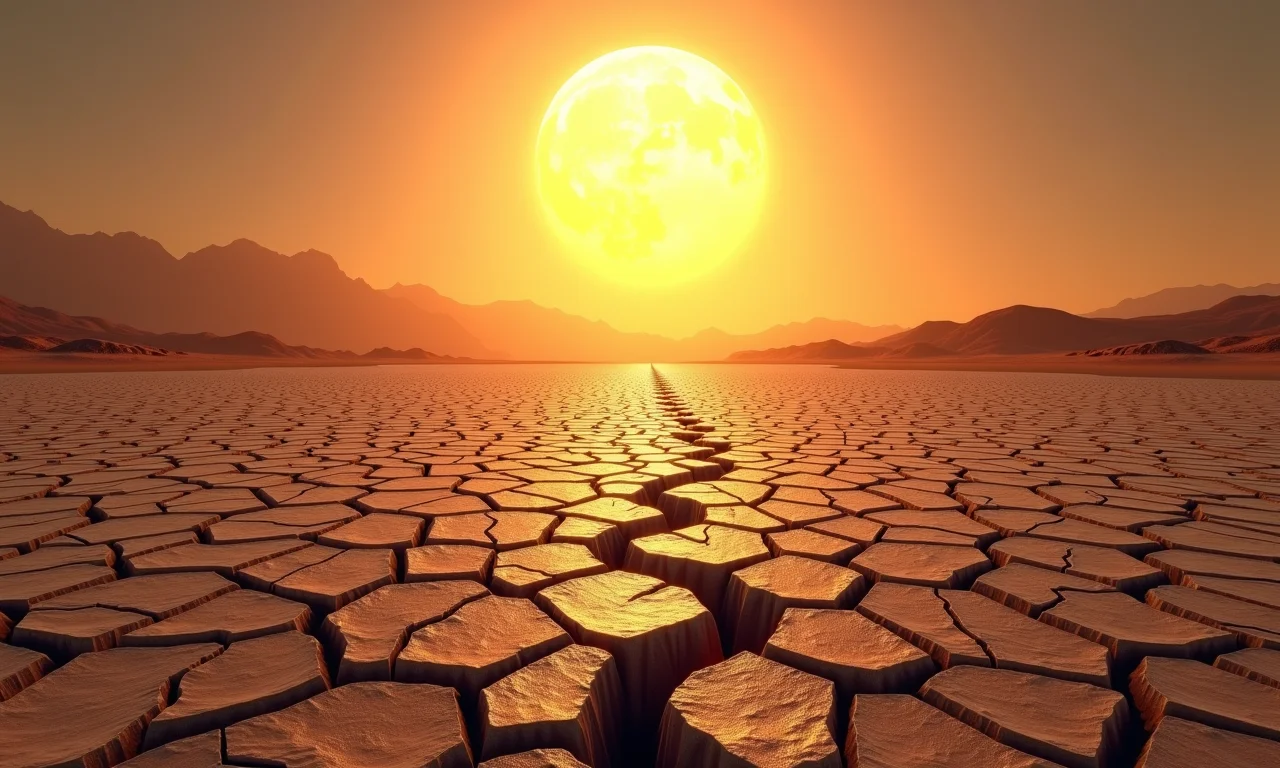 Paisagem de terra seca e rachada, representando a escassez de água.