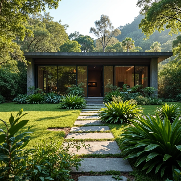 Paisagismo integrando casa moderna à natureza em sítio brasileiro, com plantas nativas.