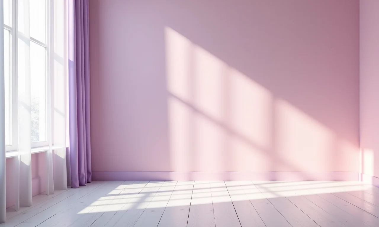 Paleta de cores lilás, rosa e branco para decoração de quarto infantil.